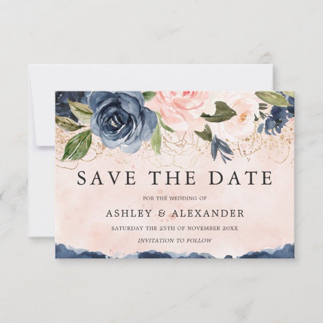 Save The Date Belle Élégante Marine Floral Blush Doré (Devant)