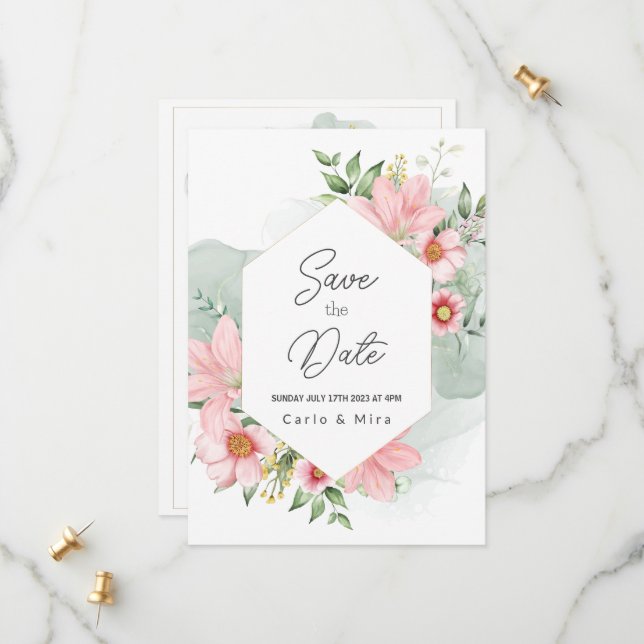 Save The Date Belle Fleur Aquarelle Enregistrer La Date (Devant/Arrière en situation)