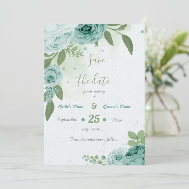 Save The Date belle fleurs bleues verdure botanique (Debout devant)