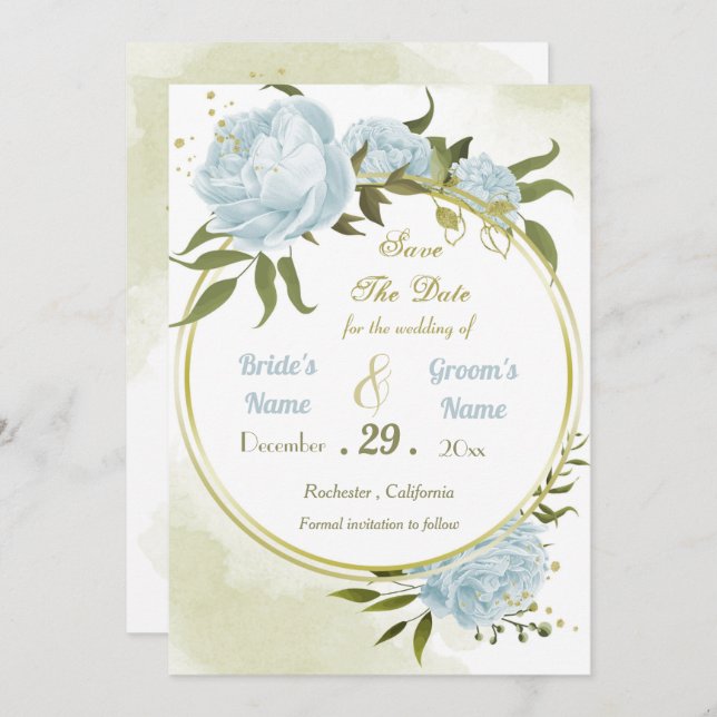 Save The Date belle fleurs bleues vert feuille couronne (Devant / Derrière)