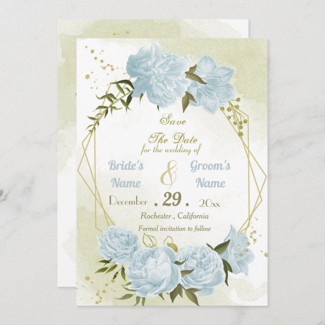 Save The Date belle fleurs bleues vert feuille géométrique (Devant / Derrière)