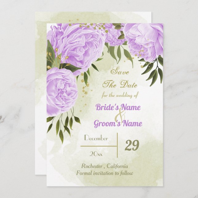 Save The Date belle fleurs violettes vert feuille botanique (Devant / Derrière)
