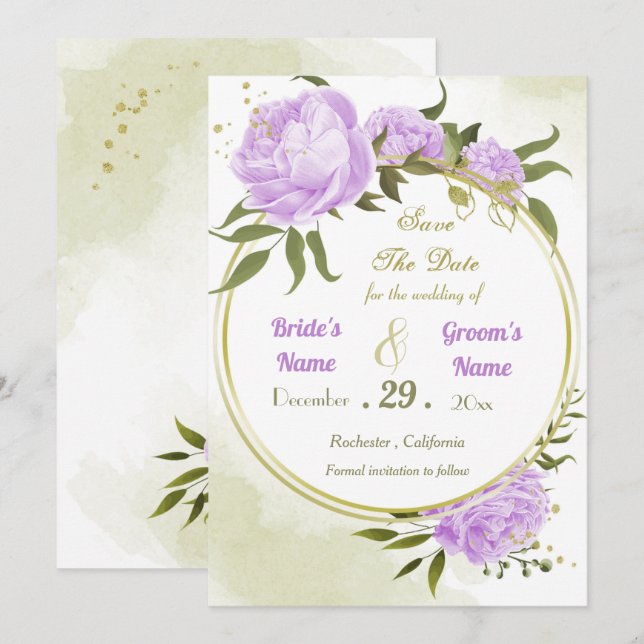 Save The Date belle fleurs violettes vert feuilles couronne (Devant / Derrière)