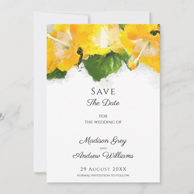 Save The Date Belle œuvre d'art de fleur d'hibiscus jaune (Devant)