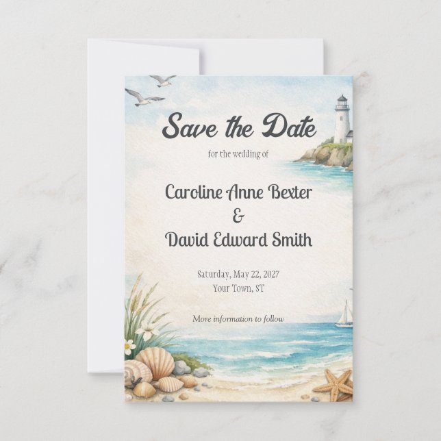 Save The Date Belle peinture aquarelle de bord de mer côtier (Devant)