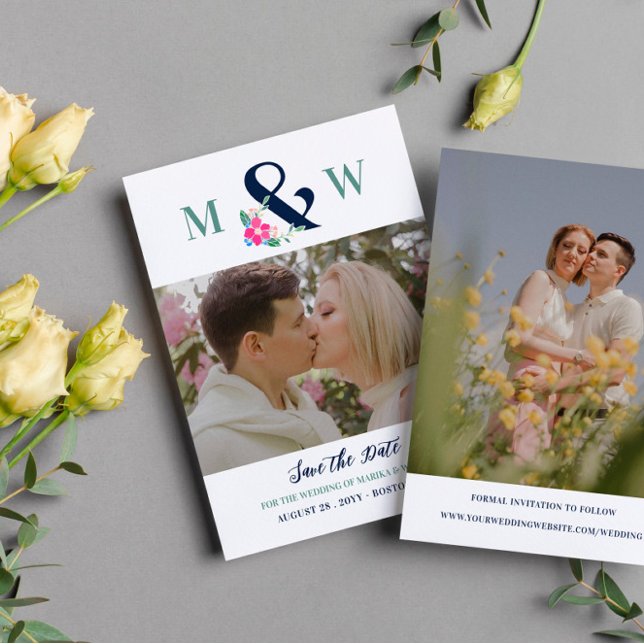 Save The Date Belle photo florale rose marine et esperluette (Créateur téléchargé)