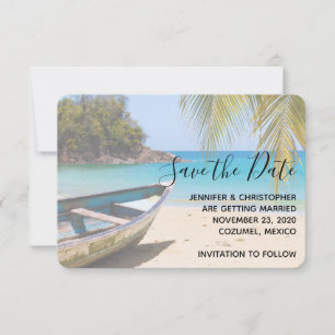 Save The Date Belle plage tropicale avec bateau à rames
