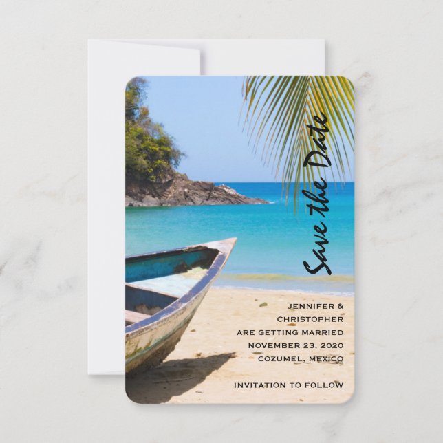 Save The Date Belle plage tropicale avec bateau à rames (Devant)