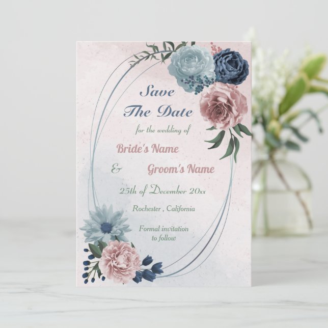 Save The Date belle rose bleu floral géométrique (Debout devant)