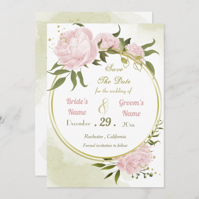 Save The Date belle rose fleurs vert feuille couronne (Devant / Derrière)