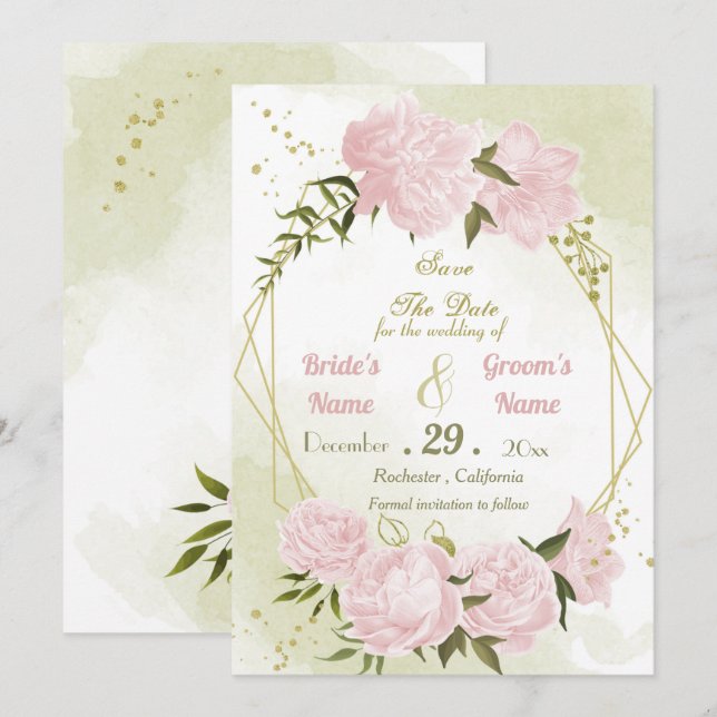 Save The Date belle rose fleurs vert feuilles géométrique (Devant / Derrière)