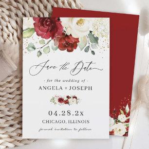 Save The Date Belle Rose Rouge Blanc Rose Floral Eucalyptus Mari