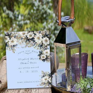 Save The Date Belle Roses Blanches Vignes Feuilles Bleus