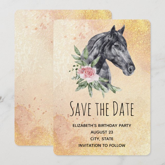 Save The Date Belle tête de cheval Portrait en Aquarelle (Devant / Derrière)
