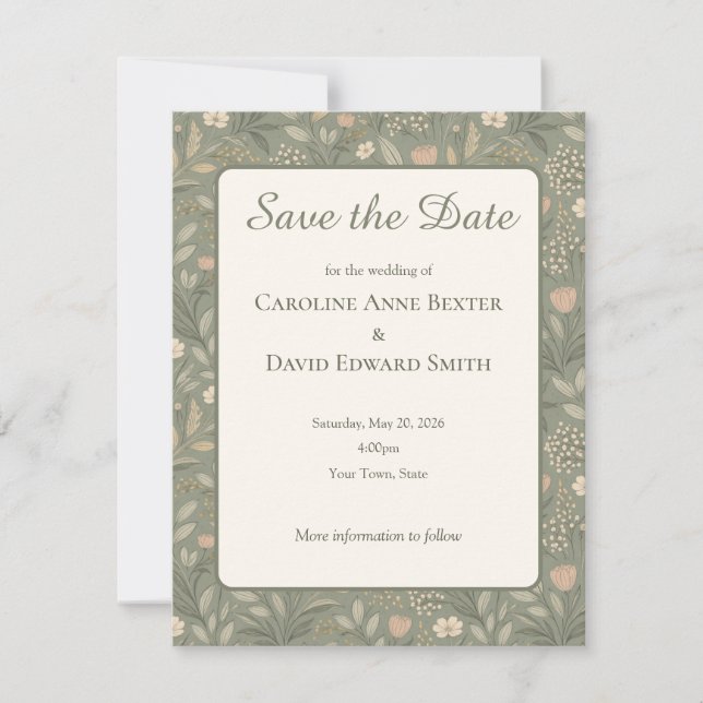 Save The Date Belles Fleurs Douces sur Fond Vert Sauge Terne et  (Devant)