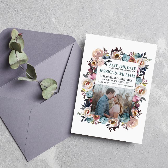 Save The Date Belles fleurs Floral Spring Pastel Turquoise Photo (Créateur téléchargé)