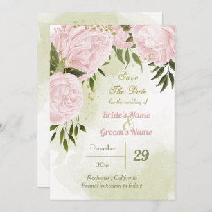 Save The Date belles fleurs roses vert feuille botanique