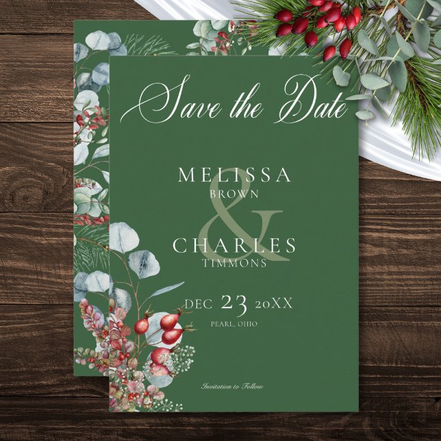 Save The Date Berries de pin d'hiver vert Mariage Eucalyptus (Green Winter Pine Berries Eucalyptus Wedding Save The Date)