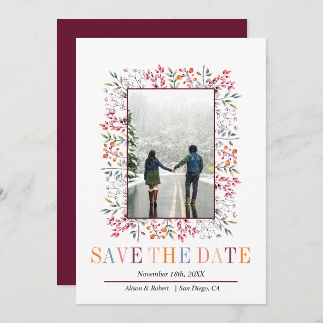 Save The Date Berries et feuilles frontière Bourgogne mariage d' (Devant / Derrière)