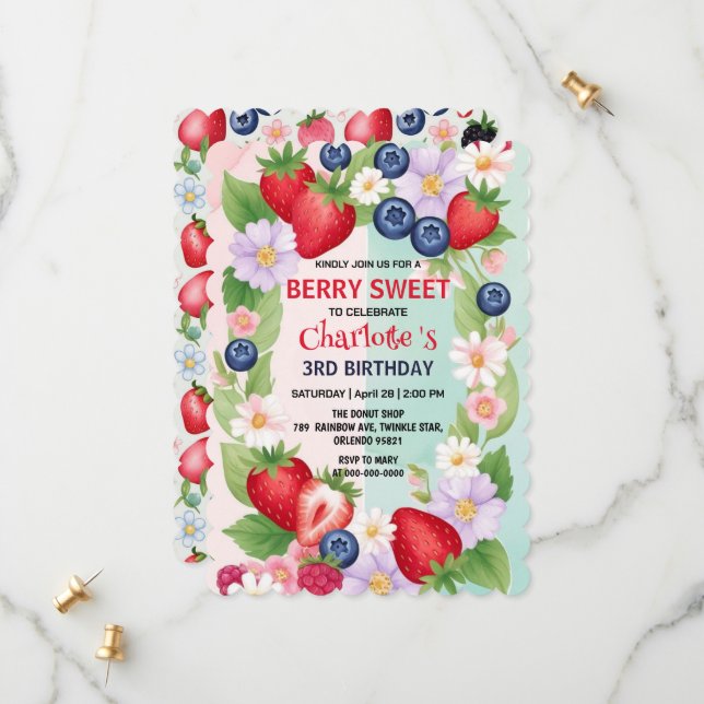 Save The Date Berry Anniversaire Fleur de fraise Fête Fille (Devant/Arrière en situation)