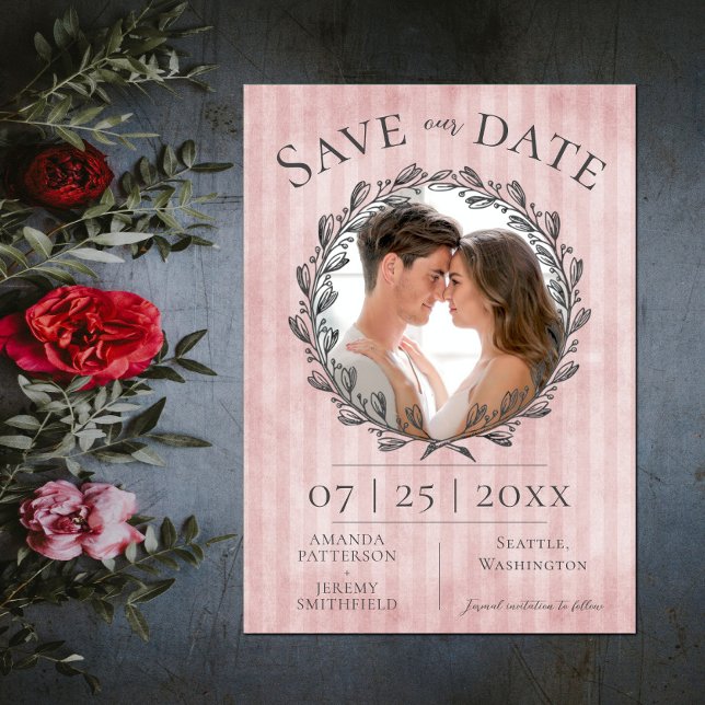 Save The Date Berry Wreath et Stripes Photo | Rose (Berry Wreath and Stripes Photo Save the Date - Pink)