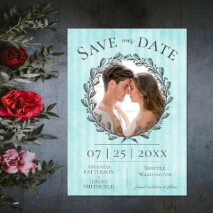 Save The Date Berry Wreath et Stripes Photo   TURQUOISE