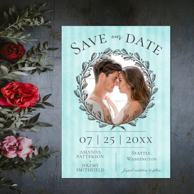 Save The Date Berry Wreath et Stripes Photo | TURQUOISE (Berry Wreath and Stripes Photo Save the Date - Teal)