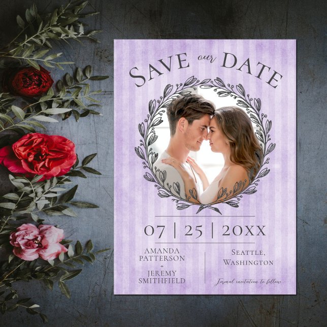 Save The Date Berry Wreath et Stripes Photo | Violet (Berry Wreath and Stripes Photo Save the Date - Purple)