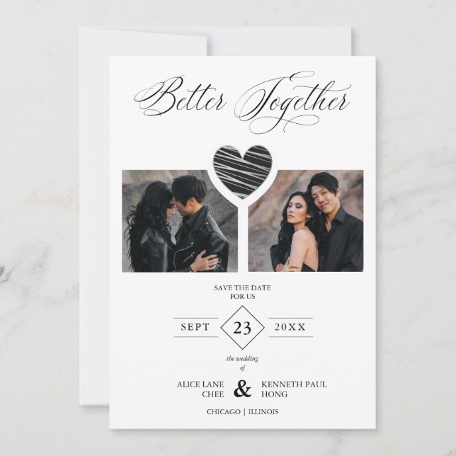 Save The Date Better Together Quote Black Grey Heart 2 Photos (Devant)