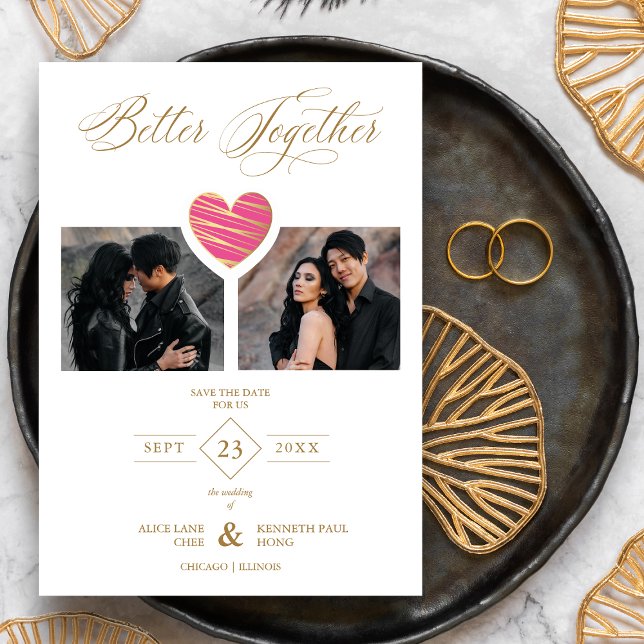 Save The Date Better Together Quote Hot Pink Heart 2 Photos (Créateur téléchargé)