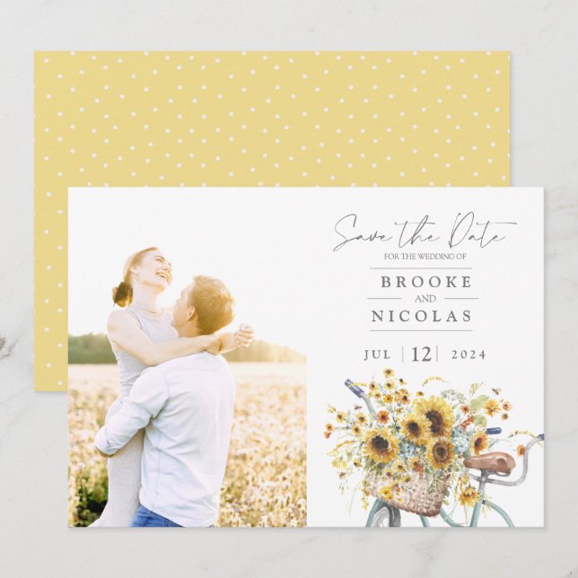 Save The Date Bicyclette Tournesol Rustique Mariage photo (Devant / Derrière)