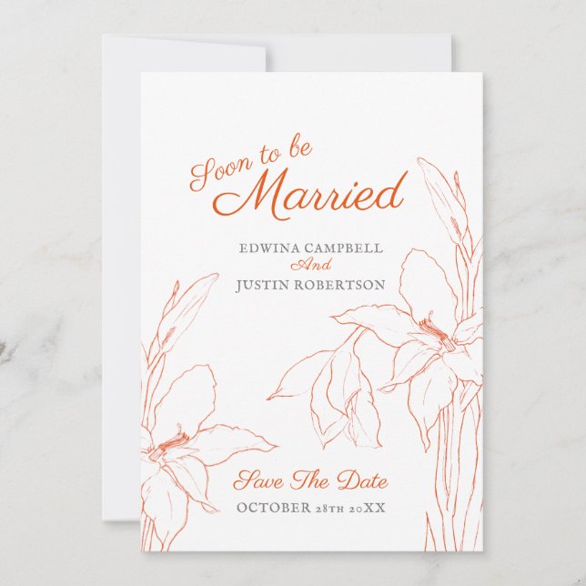 Save The Date Bientôt mariés art botanique glaïeul orange (Devant)
