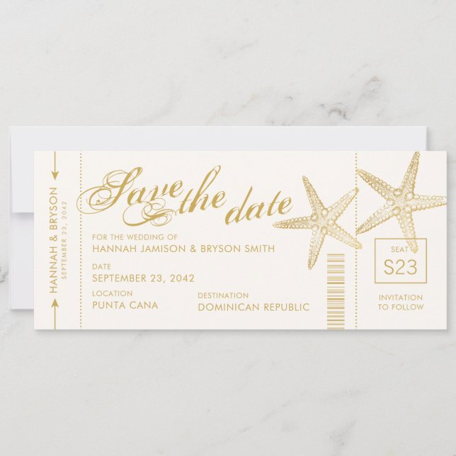 Save The Date Billet d'avion Gold Starfish Boarding Pass (Devant)