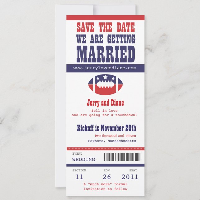 Save The Date Billet de football bleu et rouge Mariage Enregistr (Devant)