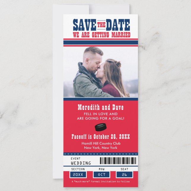 Save The Date Billet de hockey bleu rouge pour mariage, enregist (Devant)