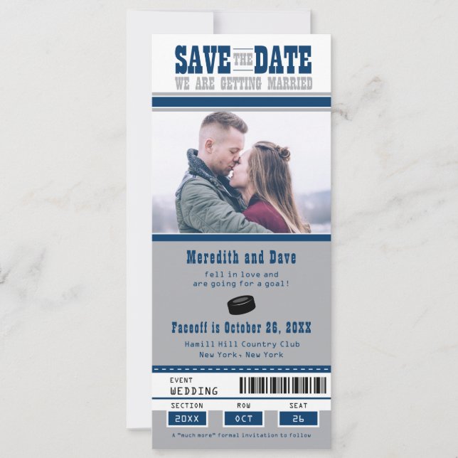 Save The Date Billet de Hockey en argent bleu Mariage Enregistre (Devant)