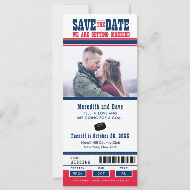 Save The Date Billet de hockey sur glace Bleu Rouge pour mariage (Devant)