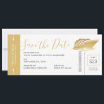 Save The Date Billet d'entrée or Mariage de croisière<br><div class="desc">Beau faux bateau de croisière en or et palmier design sur une carte d'embarquement minimaliste moderne enregistrer la date qui ressemble à un billet d'avion, conçu pour un mariage sur un bateau de croisière ou un mariage de destination de yacht bateau. Les clients adorent recevoir ces annonces de dates mariages...</div>