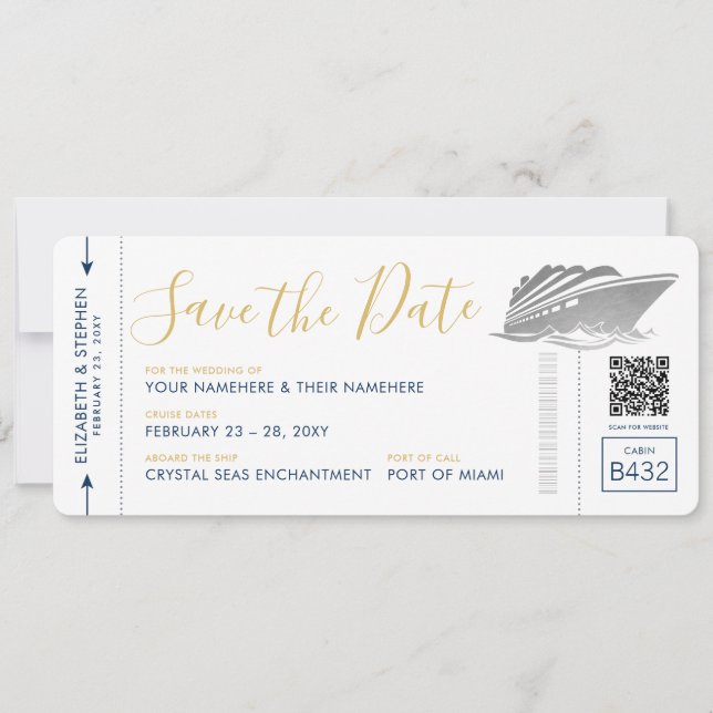 Save The Date Billet Mariage de croisière Silver Boarding Pass (Devant)