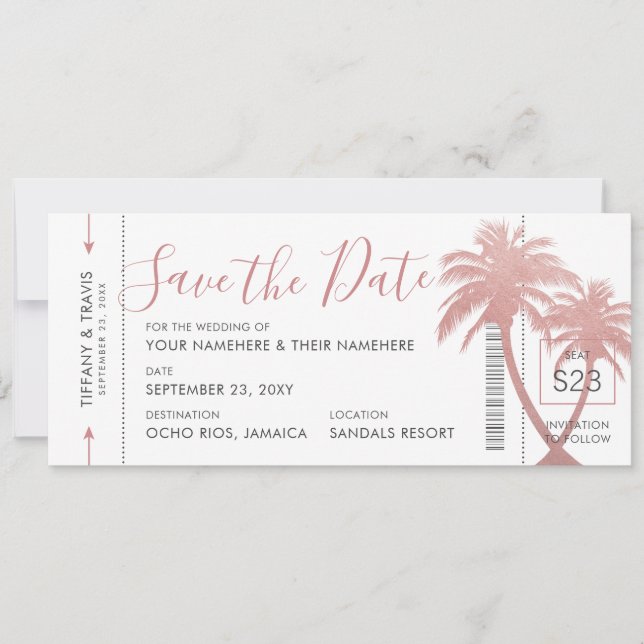 Save The Date Billet Palm Tree Boarding Pass Rose Gold Pink (Devant)
