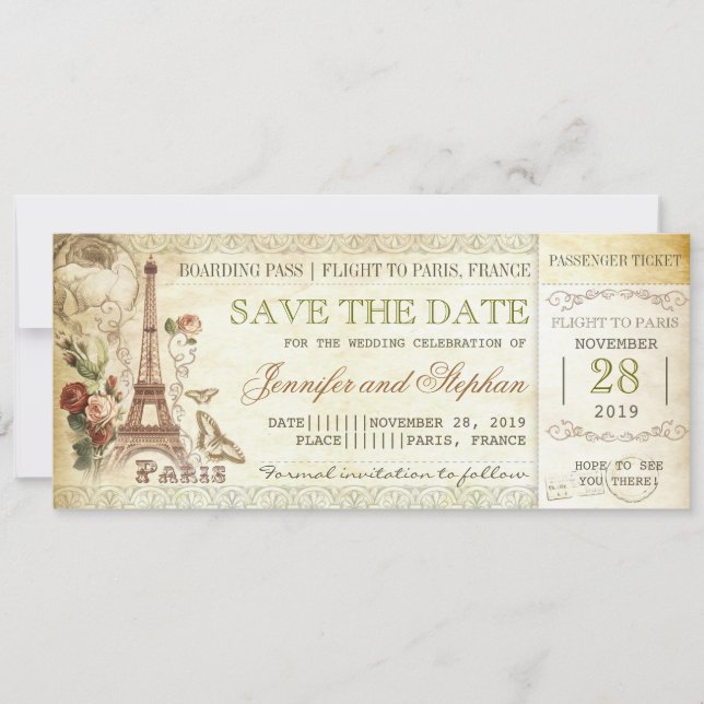 Save The Date Billets d'embarquement Paris pour enregistrer la d (Devant)
