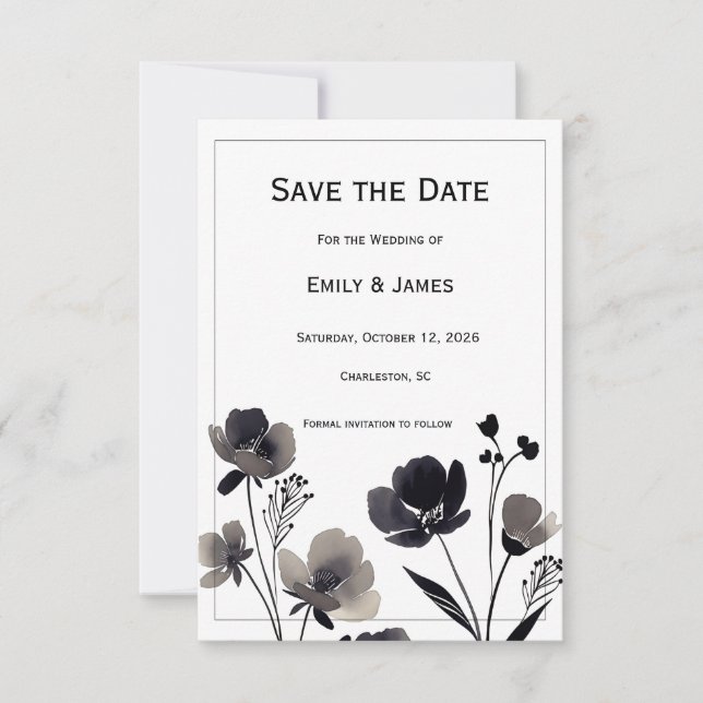 Save The Date Black and White Floral Wedding (Devant)