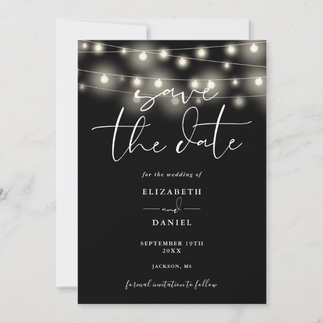Save The Date Black And White String Lights QR Code Wedding (Devant)