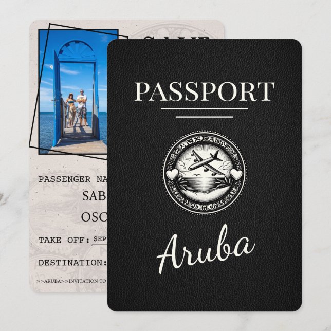 Save The Date Black Aruba Passport Enregistrer La Date (Devant / Derrière)