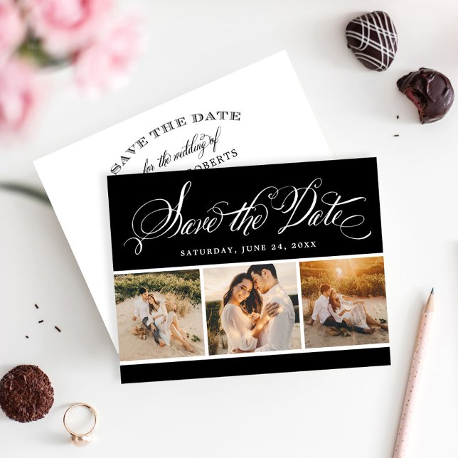 Save The Date Black Calligraphy Script Mariage Photo Collage (Créateur téléchargé)