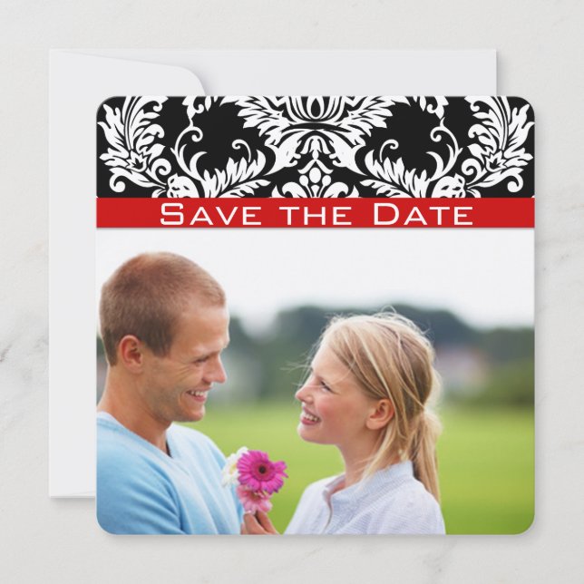 Save The Date Black Damask Red Trim Enregistrer la date (Devant)