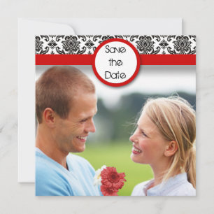 Save The Date Black Damask Sur Fond Blanc Avec Une Touche Rouge