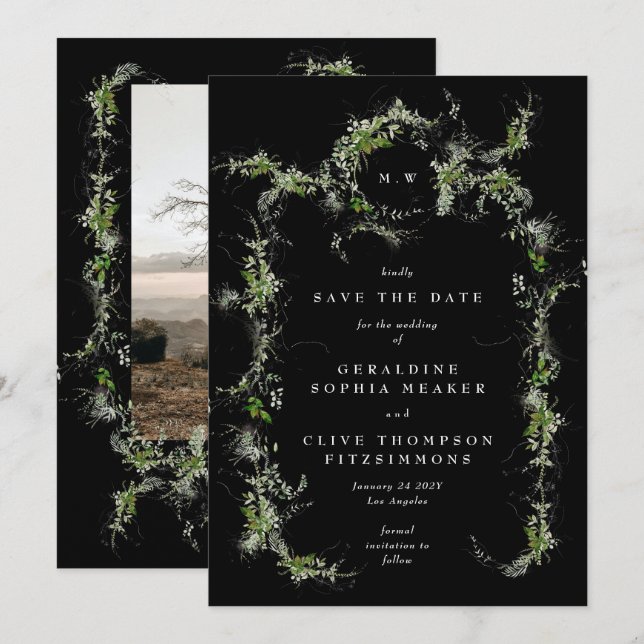 Save The Date Black Eucalyptus Wreath Monogram Photo Wedding (Devant / Derrière)