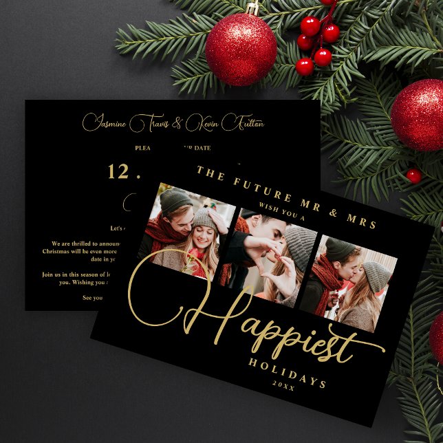 Save The Date Black Exquisite Sophisticated Wedding Xmas 3Photos (Black Exquisite Sophisticated Wedding Christmas 3 Photos in Fake Gold Holiday as a Save the Date.)