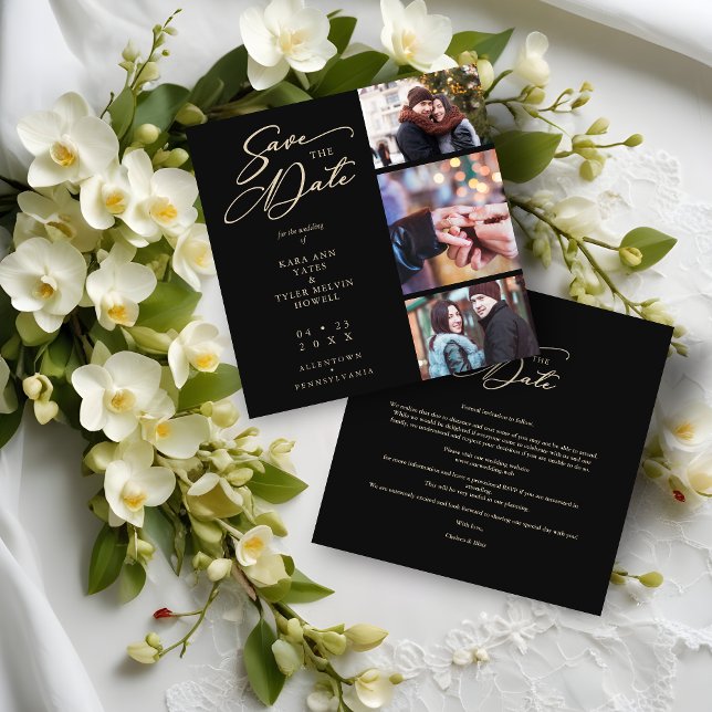 Save The Date Black Fancy Collage 3 Photos Couple Wedding (Black Fancy Collage 3 Photos Couple Wedding Engaged Save the Date. )